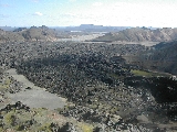 Overlooking a lava field and Landmannalaugar camp